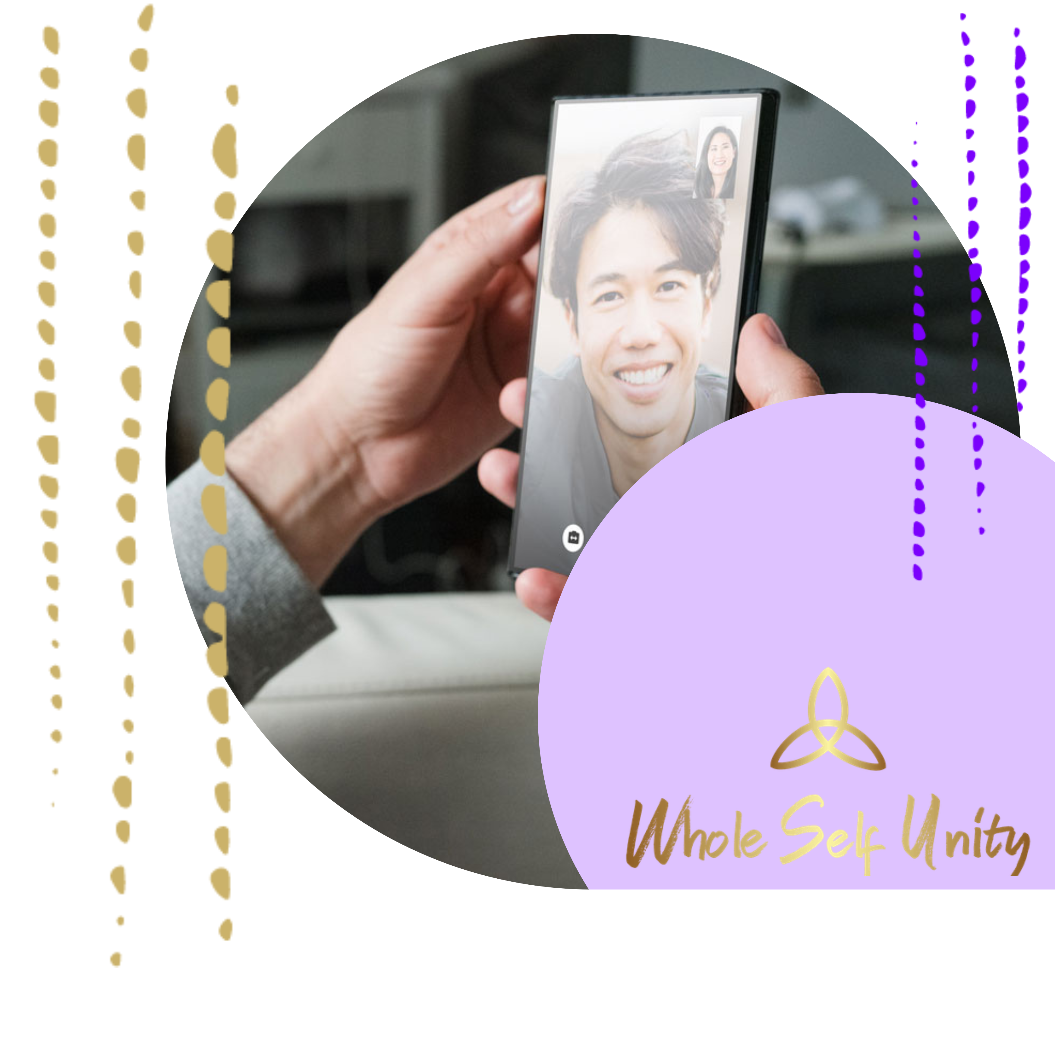 online-reiki-session-video-chat-client Young Asian man in a video call receiving an online Reiki session, shown on smartphone screen held by another person.