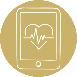 Tablet symbol with heart on the screen for distance healing sessions in gold.